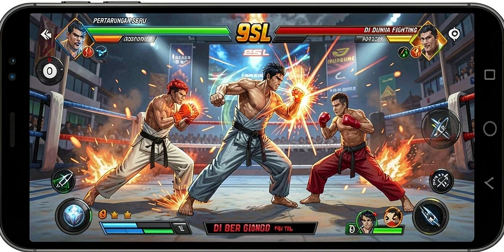 Screenshot menampilkan pertarungan seru dalam game 9SL.
