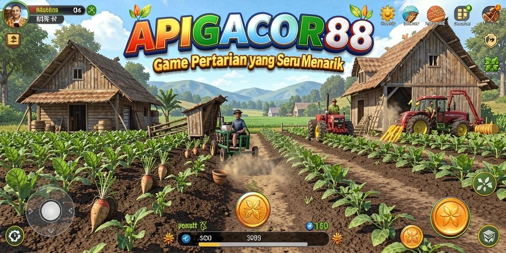 Screenshot menunjukkan gameplay seru APIGACOR88 dengan pertanian hijau.