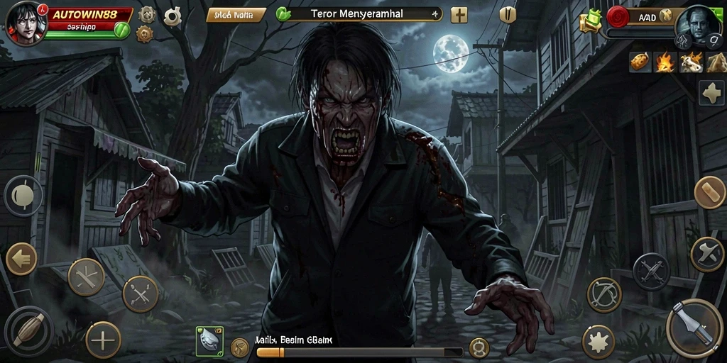 Screenshot gameplay AUTOWIN88 menampilkan suasana mencekam dan karakter menyeramkan.